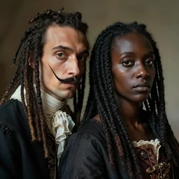 hyperrealistic hyper detailed neo - surreal 3 5 mm portrait of rococo two black wikiing's with dreadlocks matte painting concept art hannah yata dali very dramatic soft light low side angle shot hd 8 k sharp shallow depth of field