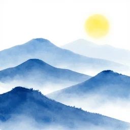 beautiful artwork of layered blue mountains with a white background, a bright yellow sun.