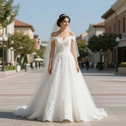 a bride, photorealistic, in a sunlit plaza