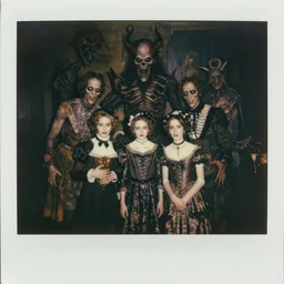 1 9 8 3 polaroid snapshot portrait, monstrous mutant victorian family of demonic cenobite people posing with grotesque lovecraftian god creatures, distressed old photo, deteriorating, grunge, antique, slight sepia tone, horror, madness