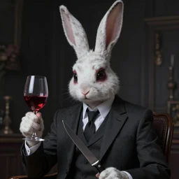 a creepy anonymous bunny wearing a suit having a glass of wine and a knife in one hand, digital art, masterpiece