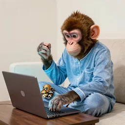 monkey playing dota2 on a laptop in his pijamas