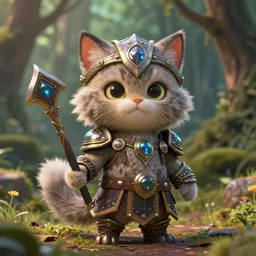 little cute fluffy forest cat, evil, inspiring, anthro, guardian, dnd, woodland realm, fantasy armored attire!! strange fantasy equipment!! octane render, unreal engine 5, hyper realistic, 8 k
