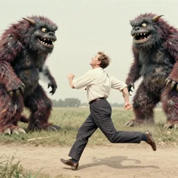 old photo of a man running for his life after seeing a monster for the first time, funny