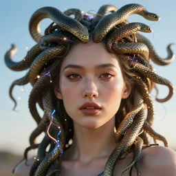 a cyberpunk extreme close up portrait of cyborg medusa, electricity, snakes in hair, sparks, bokeh, soft focus, skin tones, warm, blue, sunny sky, by paul lehr, jesper ejsing
