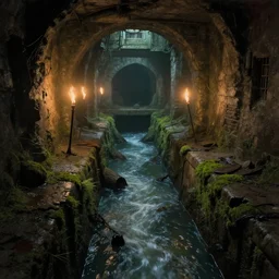 inside the ancient flooded sewers in the old part of the city. fantasy art, adventure, wet, standing water, channel, running water, stream, channel, musty, moss, sewage, dark, underground, abandoned spaces, torch - lit. by ralph mcquarrie and fred fields