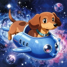 portrait of a Dachshund dog floating in space, detailed, yuya nagai, last exile, blue submarine no. 6, loish, murata range, kawaii, bright studio lighting, anime, manga, neon, vibrant bright colors, japanese, 1980s, beautiful, dreamy, alphonse mucha, gradation, jean giraud, high saturation, fantasy, space nebula background, makoto shinkai