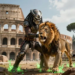 alien from the movie the predator fighting a lion in a roman coliseum, green glowing fluid on wounds, 8 k award winning photo, amazing