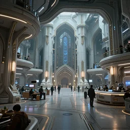cel shaded cinematic shot of the interior of a sci-fi space station with ornate Elven architecture bustling with people, epic castle, emerald, crystalline, detailed illustration, sharp focus, crisp lines, art by Moebius, Jean Giraud Moebius comic illustration
