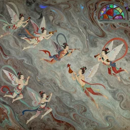 fairies with instruments soaring in the sky, dunhuang frescones, surreal, muted colour fluid that swirls, iridescent highlights, stained glass, kim keever, peter mohrbacher, fred tomaselli, victo ngai, roger dean