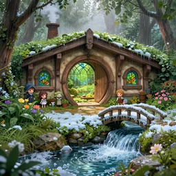 inside a medieval hobbit home, ornate, beautiful, atmosphere, vibe, mist, smoke, chimney, rain, well, wet, pristine, puddles, waterfall, melting, dripping, snow, creek, lush, ice, bridge, green, stained glass, forest, flowers, concept art illustration, color page, 4 k, tone mapping, doll, akihiko yoshida, james jean, andrei riabovitchev, marc simonetti, yoshitaka amano, digital illustration, greg rutowski, volumetric lighting, sunbeams, particles, trending on artstation