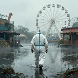 person wearing hazmat suit walking through a flooded theme park, ferris wheel in the distance, matte painting, concept art, trending on artstation, by craig mullins