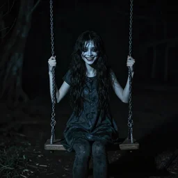 inhuman smiling girl alone on a swing in the dark, dark, eerie,