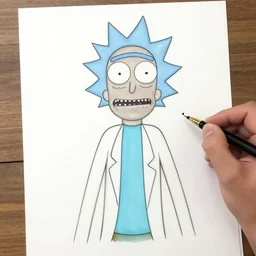 rick from rick and morty drawing a picture of rick from rick and morty, drawn by a real ai that watched rick and morty. tags ( for the ai ) : galactic consciousness, image processing, self reference, recursive simulation, breaking the simulation