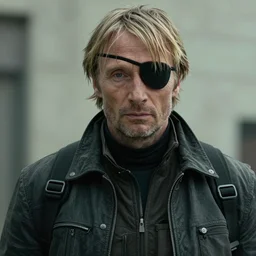 Solid Snake played by Mads Mikkelsen, wearing an eye patch, unshaven, Metal Gear movie still, cinematic,