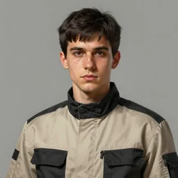 portrait of a man by greg rutkowski, he is about 3 0 years old, short black hair with bangs, his features are a mix between french, turkish and russian and he is wearing a beige and black utility jumpsuit, highly detailed portrait, digital painting, artstation, concept art, smooth, sharp foccus ilustration, artstation hq.