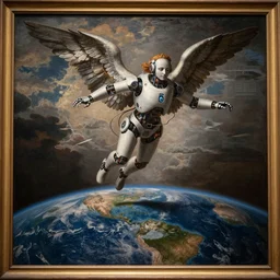 a renaissance painting of a futuristic robot angel flying over the earth, art, art museum, renaissance