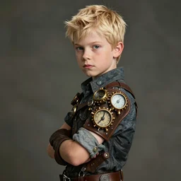a blonde boy thief with a steampunk armband in the style of krenz cushart