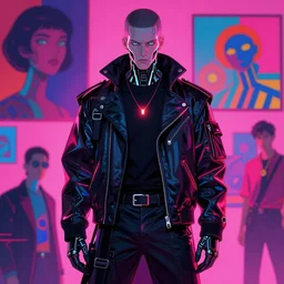 a cyberpunk cybernetic hunchback henchman from bladerunner dressed in balenciaga by yoshitaka amano, alejandro jodorowsky, yue minjun, david e mattingly, dayglo pink, dayglo blue, prismatic, glowing, raven black, laser red, trending on artstation