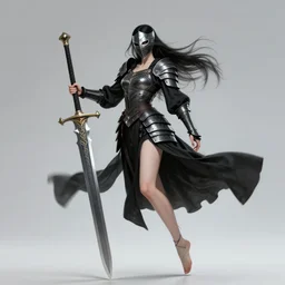 female vampire warrior, large two - handed sword, large greatsword, full portrait, enchanting, elegant, lean and muscular, flying, barefoot, foot wraps, exposed toes, black heavy armor, historical armor, metal mask, in the style of ghostblade, wlop, modern fantasy, realistic proportions.