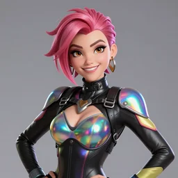 hyperrealistic style portrait of tracer overwatch, confident pose, wearing black iridescent rainbow latex, rainbow, neon, 4 k, expressive happy smug expression, makeup, in style of mark arian, wearing detailed black leather collar, wearing sleek armor, black leather harness, expressive detailed face and eyes,
