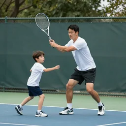 a father and a son playing tennis