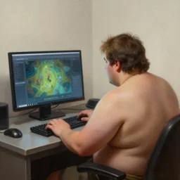 photorealistic painting of a morbidly obese man playing runescape on his computer, shot from behind, 4 k, artstation
