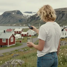 a highly detailed portrait from behind of a young couple from the side, holding a tin can, remote icelandic village, summer, jeans and t shirt, blonde hair, muted colors, by tom bagshaw, trending on artstation,