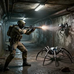 combine soldier shooting an robot spider in an abandoned subway, award winning, trending on artstation, unreal engine