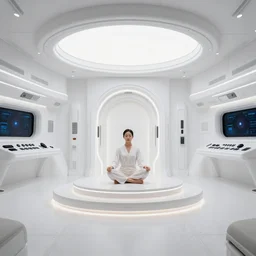flight deck inside a sci-fi spaceship escape pod that is a mind temple for meditation and discovery of secret knowledge. clean white interior, hyperrealism 8k