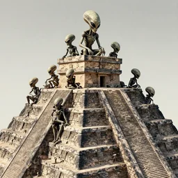 aliens brainsuckers kills aztec humans on top of aztec pyramids, full size, perfect faces, fine details, studio lighting, aerial view, subtle shadows, art by katsuya terada, photorealism, hyper realism, octane render, hyper detailed, medium shot, 8 k, raw, unedited, in - frame,