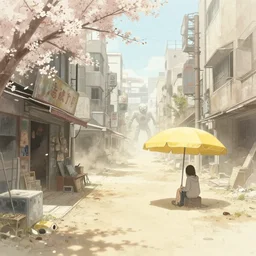 artwork, soft bloom lighting, abandoned city, paper texture, movie scene, distant shot of hoody girl sitting under a yellow parasol in deserted dusty shinjuku junk town, old pawn shop, bright ground, lurking robot monster in background, dusty, pencil lines