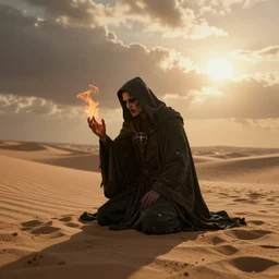 a lonely necromancer kneeling on the sand of a mercyless desert, flickering air, hot sun, clouds in the sky, the feeling of dread and existential terror, octane render, unreal engine, 8 k high definition