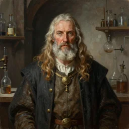 a super detailed illustration portrait painting of a alchemist in medieval lab setting, d & d rpg portrait, hires headshot, 4 k, symmetrical, centered, art by tim hildebrandt and frank frazetta and gerald brom