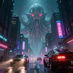 cyberpunk lovecraft vibe in blade runner with hiromasa ogura set design, epic exterior streetscape with flying cars, high octane, stunning cinematic lighting, dark mood, abstract wet misty drizzling atmosphere, cthulhu, neon light bloom, light leaks 4 k unreal engine render lens flare