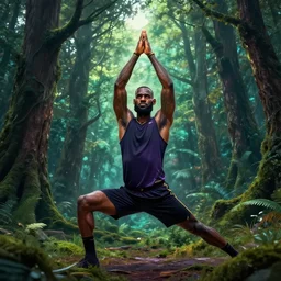lebron james doing yoga in the forest, epic professional digital art, best on artstation, cgsociety, wlop, behance, pixiv, cosmic, epic, stunning, gorgeous, much detail, much wow, masterpiece by dorian cleavanger and stanley lau
