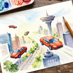 a pencil and watercolor drawing of a bright city in the future with flying cars