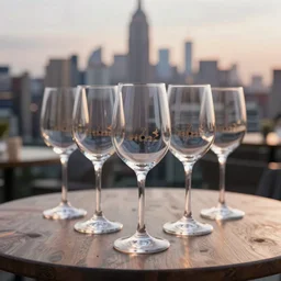 5 5 mm photo of best wine glass on a wooden table with the new york city skyline in the background. dof. bokeh. magical atmosphere. highly detailed 8 k. intricate. lifelike. soft light. nikon d 8 5 0.