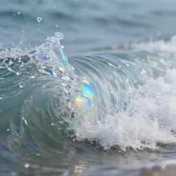 a crashing iridescent wave with high refraction, glass, shining, opal, diamond, sapphire, topaz, nature, photo, motion blur, macro lens, soft, detailed, abstract, symmetrical composition, high quality