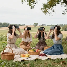 Noblewomen of the Avignon countryside use VR glasses to watch Netflix while picnicking by a pond, oil on canvas, Rokoko