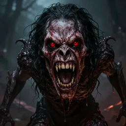 the most horrible monster possible, dark hair, big teeth, red eyes, super scary, evil, dangerous, terrible, horror, realistic, artstation, concept art