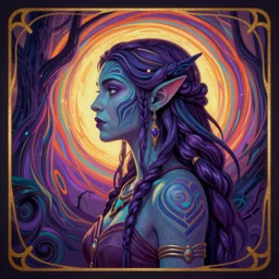 side profile centered painted portrait, female orc forest druid, purple teal skin, tribal, d & d, gloomhaven, matte painting concept art, art nouveau, beautifully backlit, swirly vibrant color lines, fantastically gaudy, aesthetic octane render, 8 k hd resolution, by ilya kuvshinov and cushart krentz and gilleard james