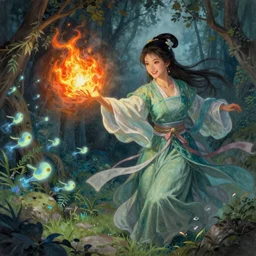 breathtaking detailed concept art painting of a smiling hapa female sorceress casting a fireball chasing will-o-wisps in the garden, by Hsiao-Ron Cheng