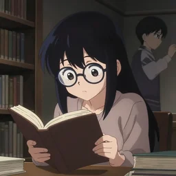 anime visual, low light portrait of a curious young woman in a library interior reading, wearing glasses, cute face by ilya kuvshinov, yoh yoshinari, dynamic pose, dynamic perspective, cel shaded, flat shading mucha, rounded eyes, moody, psycho pass, kyoani, crisp smooth facial features