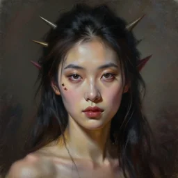 a beautiful woman with cheek spikes, painted by artgerm and tom bagshaw, fantasy art, dramatic lighting, highly detailed oil painting