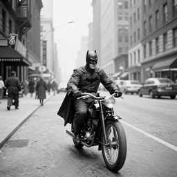 old black and white photo, 1 9 1 3, depicting batman on a motorcycle from dark knight rampaging through the bustling streets of new york city, rule of thirds, three - point perspective, historical record