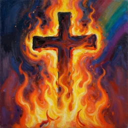 cross on fire burning in flames, rainbow colors, oil painting, bold strokes