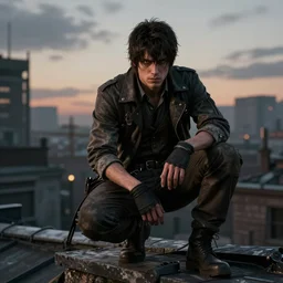 corvo attano from dishonored, crouching on a rooftop in the evening, highly detailed, high res, 8 k, photorealistic