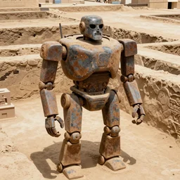 giant rusty robots found in a sumerian civilization excavation, archeology, mud and dirt