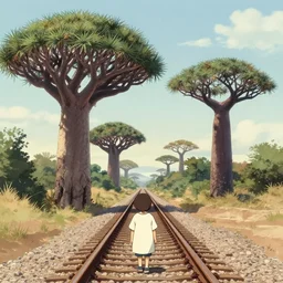 tunnel of love, dragon blood tree, baobab tree, railway, by shunji dodo, 8 k resolution, high quality